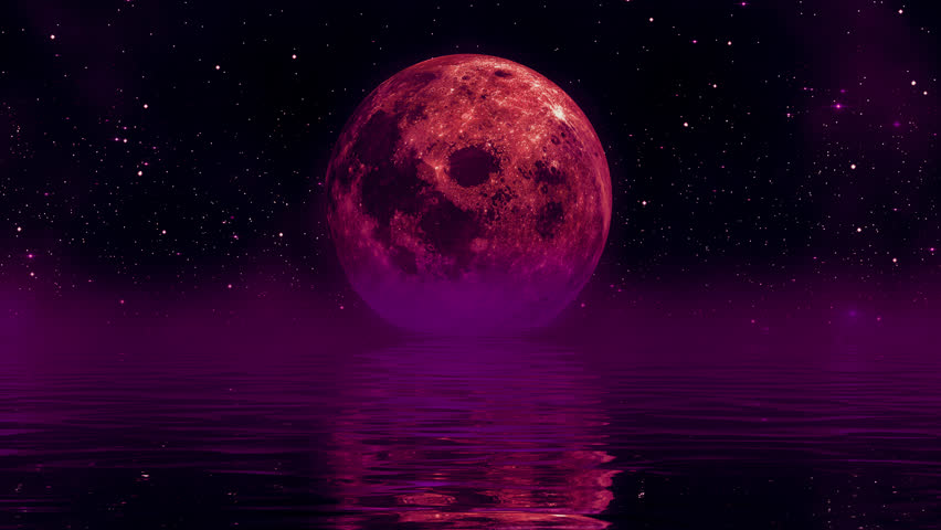 Blood moon over water ocean surface in the night sky. Abstract scene of galaxy stars and bloody full moon reflection in a seamless loop.