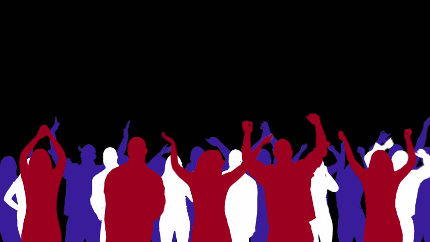 Silhoutted men and women, cheering and being enthusiastic in a