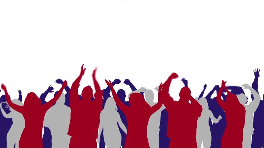 Silhoutted men and women, cheering and being enthusiastic in a
