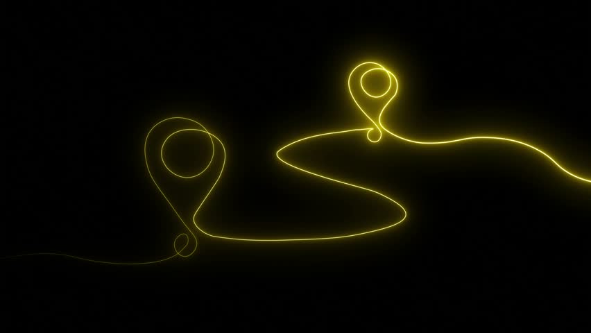 Glowing neon Continuous one line drawing of path and location pointers simple pins on way between two points, neon Simple pins on direct, Continuous Gps navigation and Travel concept