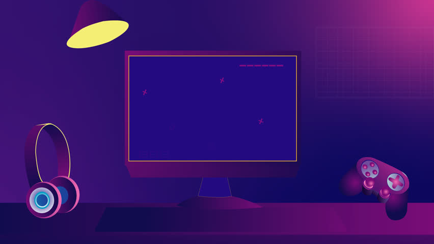 Animated social media end screen with an industrial gaming theme, featuring a computer desk, game controller, and headphones. - Powered by Shutterstock - Get 15% off with code: PIKWIZARD15
