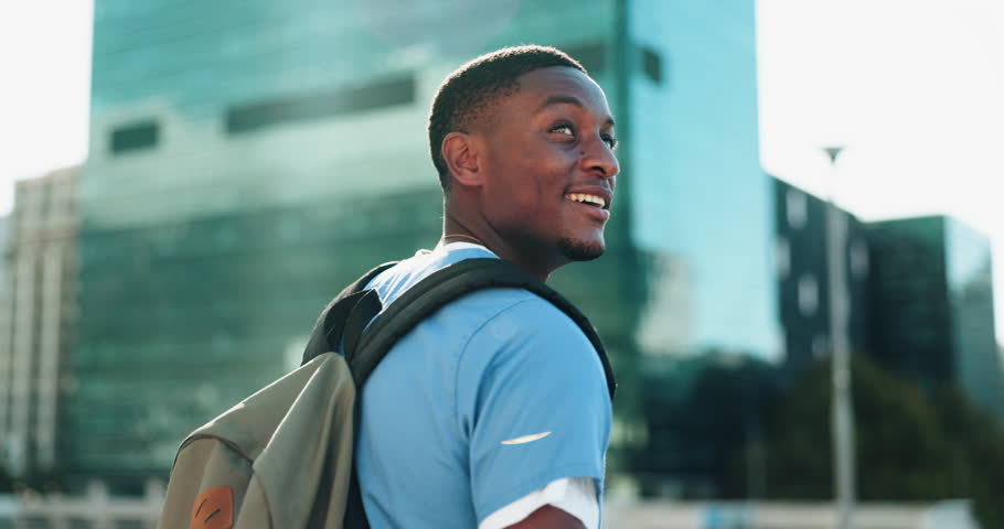 Smile, thinking and medical student or black man in city for future, healthcare and opportunity. Doctor program, nursing internship and happy with person outdoors for residency training and idea