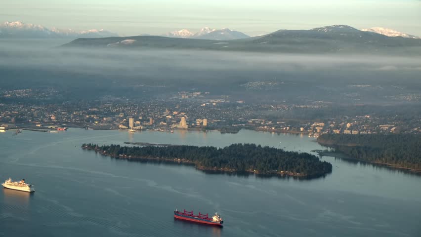 Nanaimo City Aerial with Ships Off Coast Vancouver Island Landscape