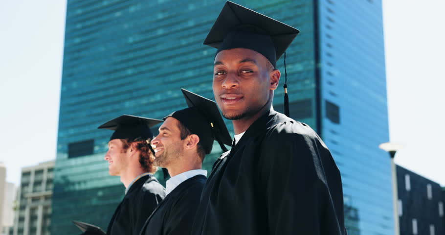 Graduation, students and face of man in city for celebration, ceremony or achievement. College, school portrait and happy person with friends for education success, university degree or qualification