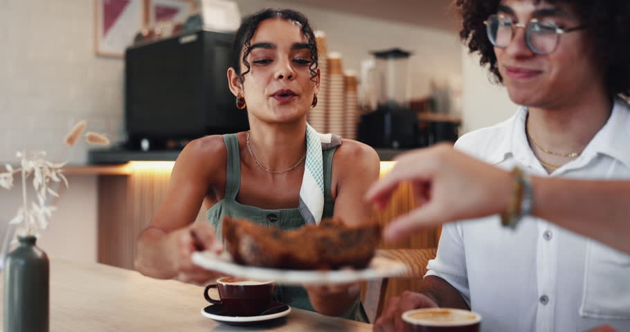 Friends, people and happy with cake in cafe for taste test, new dessert recipe or flavor approval. Local support, group and bonding in coffee shop with feedback, brunch and delicious chocolate treat