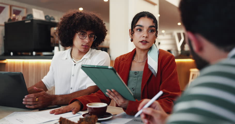 People, cafe and tablet to check sales, manager and team update for restaurant inventory. Coffee shop, explaining market research and documents for hospitality service target, stock and statistics