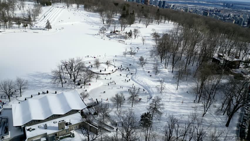 People are skating on the rink, view to Downtown from Mont Royal, Montreal. Quebec, Canada