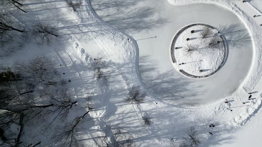 View of the skating rink and downtown in winter from Mont Royal, Montreal. Quebec, Canada