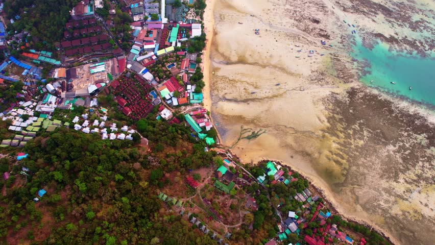 Aerial view ebb tide Andaman sea Phi Phi island Krabi, Thailand. Tropical paradise with turquoise sea and white beach.