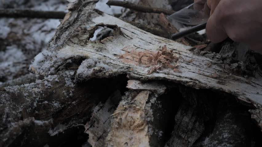 Starting a Fire with a Ferro Rod in Winter, Close-up of hands using a ferro rod to ignite birch bark tinder in a snowy outdoor setting. The scene reflects survival, bushcraft skills.