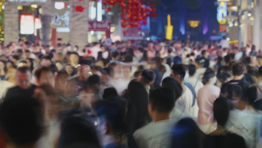 Big mass people group walk city street time lapse. Many busy chinese pedestrians crowd timelapse. Overcrowded china. Lot of men go home. Huge mob hurry up rush hour. Fast speed run day. Urban road way