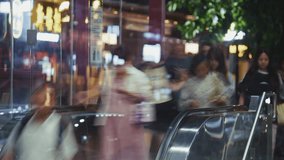 Many chinese people go down escalator in subway, underground pedestrian crossing time lapse. Lazy busy crowd use commuter china metro station timelapse. Lot group walk city street rush hour, hurry up. - Powered by Shutterstock - Get 15% off with code: PIKWIZARD15
