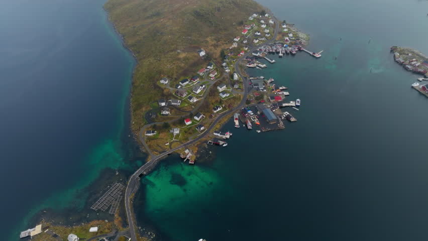 Reine small Scandinavian town in Lofoten islands, Norway. Aerial