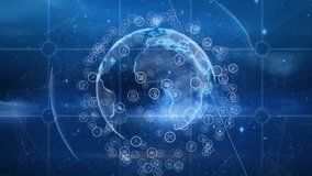 Animation showing digital globe with network connections and data icons floating. Technology, connectivity, global, networks, innovation, internet - Powered by Shutterstock - Get 15% off with code: PIKWIZARD15
