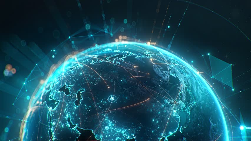 Futuristic digital globe of Earth with glowing data points network connections on a dark background. Worldwide links on planet earth at night. Concept of World communication technology. 3d animation