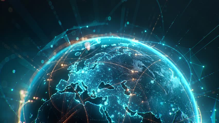 Futuristic digital globe of Earth with glowing data points network connections on a dark background. Worldwide links on planet earth at night. Concept of World communication technology. 3d animation