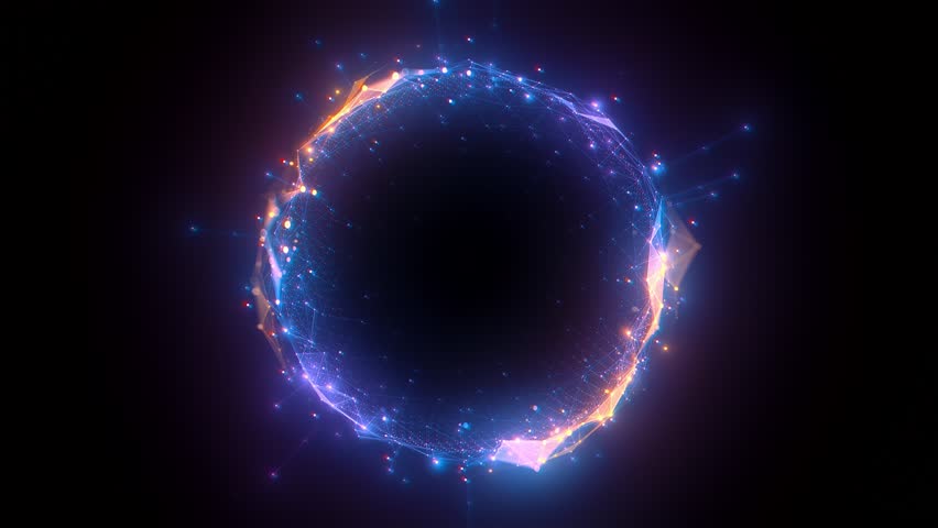 Abstract glowing digital sphere with connected points and lines, circular network on a dark background. Concept of technology. 3d animation