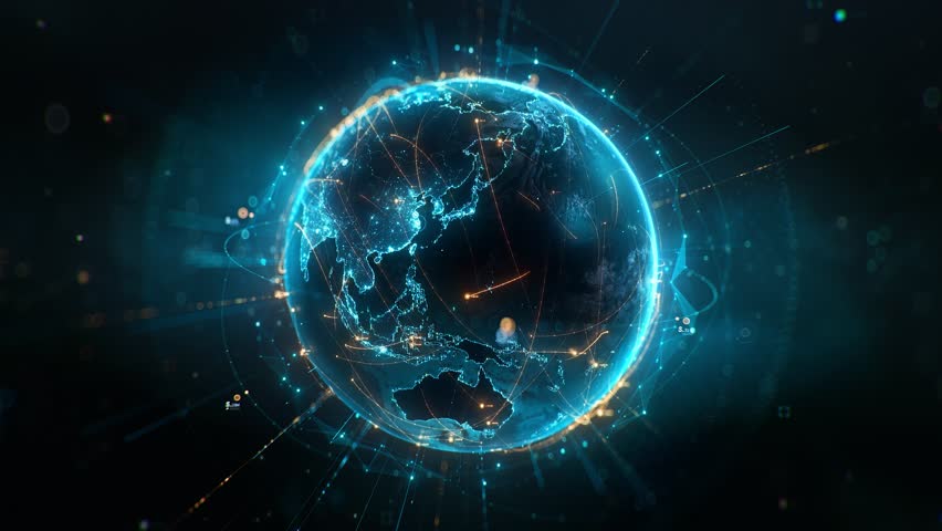 Futuristic digital globe of Earth with glowing data points network connections on a dark background. Worldwide links on planet at night. Concept of World communication technology. 3d seamless loop 