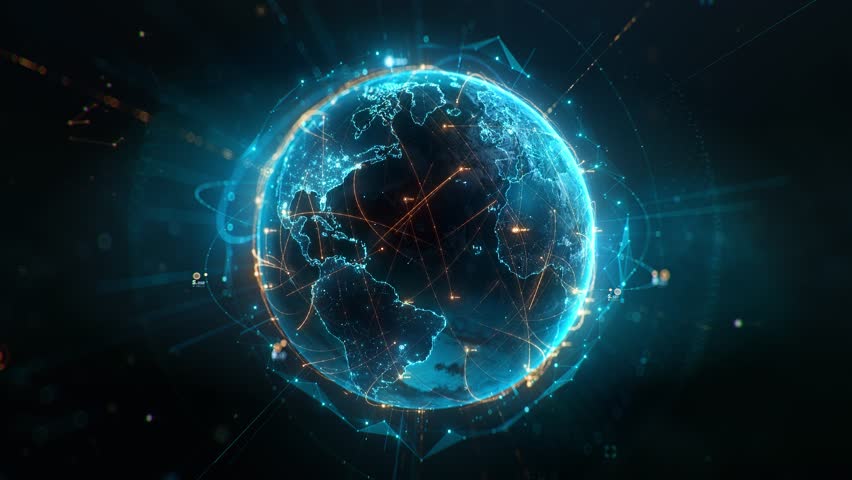 Futuristic digital globe of Earth with glowing data points network connections on a dark background. Worldwide links on planet at night. Concept of World communication technology. 3d seamless loop 