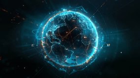 Futuristic digital globe of Earth with glowing data points network connections on a dark background. Worldwide links on planet at night. Concept of World communication technology. 3d seamless loop  - Powered by Shutterstock - Get 15% off with code: PIKWIZARD15
