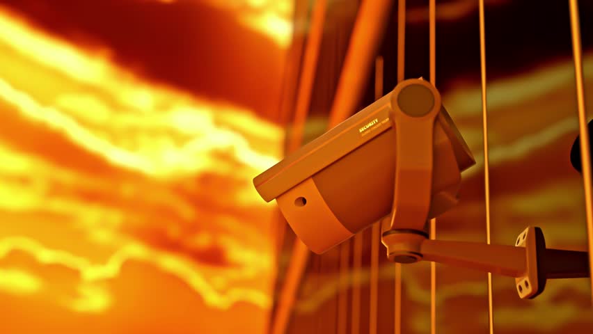 Security CCTV camera Installed outside on glass the building in harsh environments due to heat. Scan the area for surveillance purposes and Security. technology and innovation concept. 3D Render.