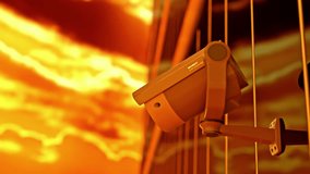 Security CCTV camera Installed outside on glass the building in harsh environments due to heat. Scan the area for surveillance purposes and Security. technology and innovation concept. 3D Render. - Powered by Shutterstock - Get 15% off with code: PIKWIZARD15