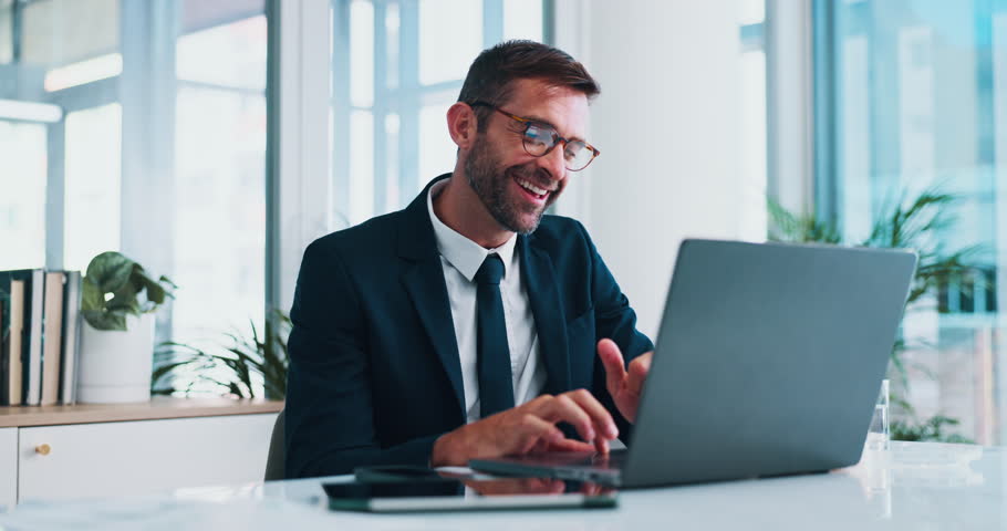 Office, businessman and accountant with laptop for reading, financial investment and information. Career, happy person and auditor with digital for finance research, review revenue and report for tax