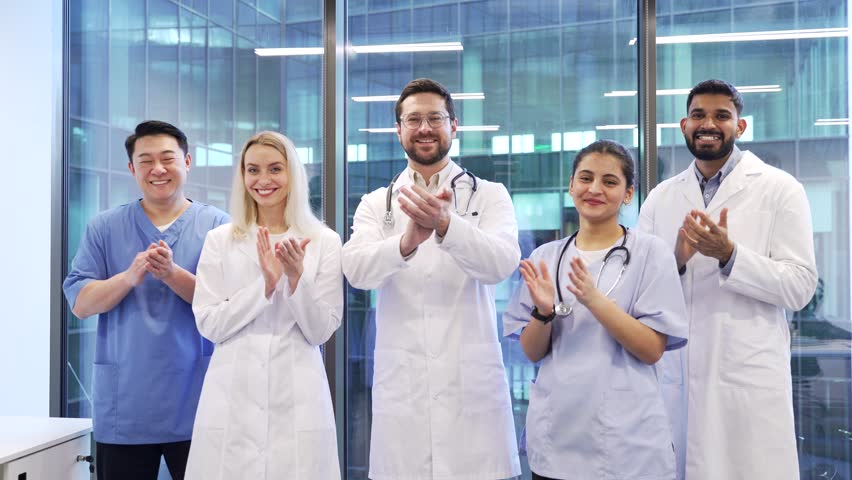 Group of happy doctors applauding look at camera standing in a hospital clinic office celebrate success. Smiling medical professional physicians in coats diverse team colleagues rejoice achievement - Powered by Shutterstock - Get 15% off with code: PIKWIZARD15