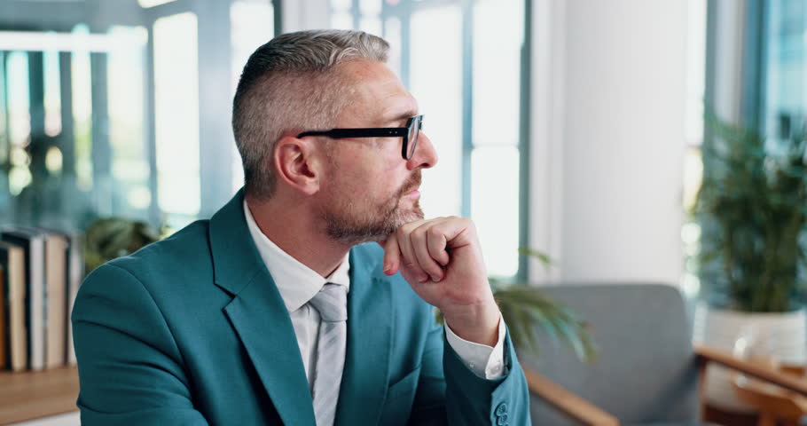 Business, man and planning on laptop in office for problem solving, investment solution and decision. Mature accountant, thinking and ideas for budget report, risk management and financial reflection