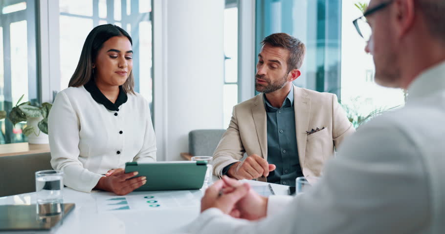 People, talking and tablet for interview in office, recruitment and accountant vacancy. Staff, candidate and digital for faq with financial documents, human resources and feedback for job opportunity