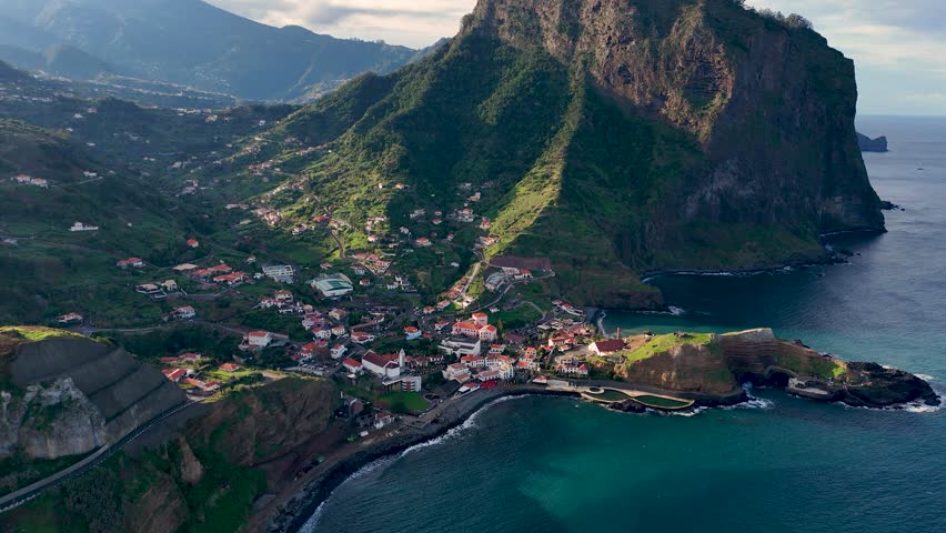 Sunset Aerial Close-Up of Porto da Cruz with Dramatic Coastal Cliffs, Madeira Island, Portugal
