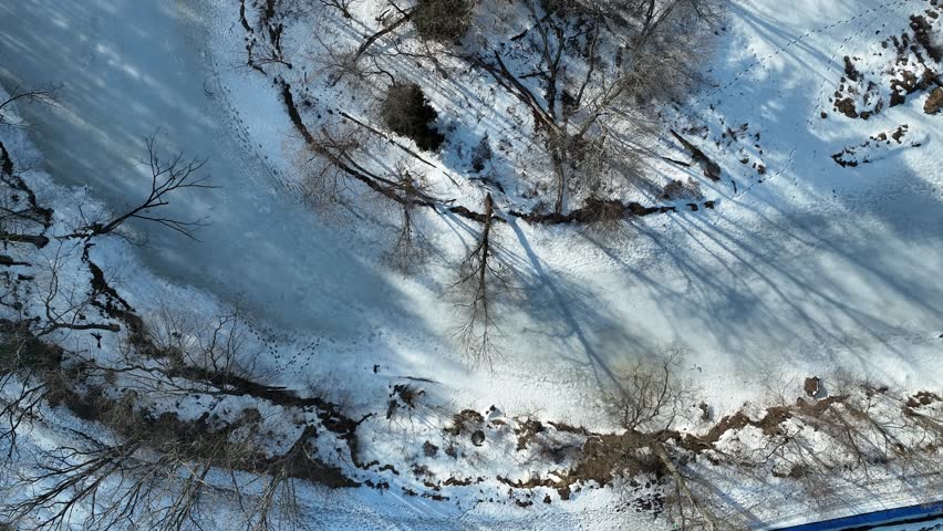 A tranquil top-down view of a frozen river during winter, surrounded by bare trees casting long shadows across the snow-covered ground.