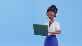 Professional woman wearing headphones and working on a laptop. Video call or online communication concept. 3d female character talking, lip sync. Customer support service, remote work, or call center - Powered by Shutterstock - Get 15% off with code: PIKWIZARD15