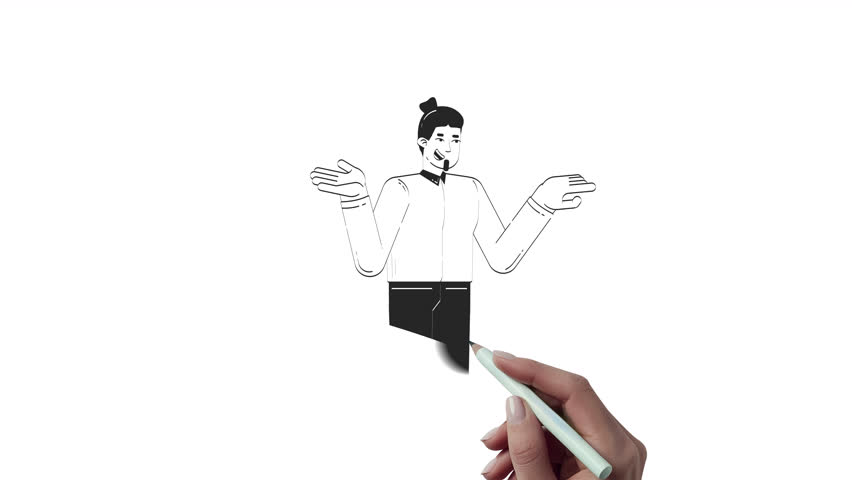 Professional man gesturing with hands and pointing outline hand drawn 2D character animation. Corporate communication doodle drawing 4K video. Businessman explaining animated person handdrawn isolated