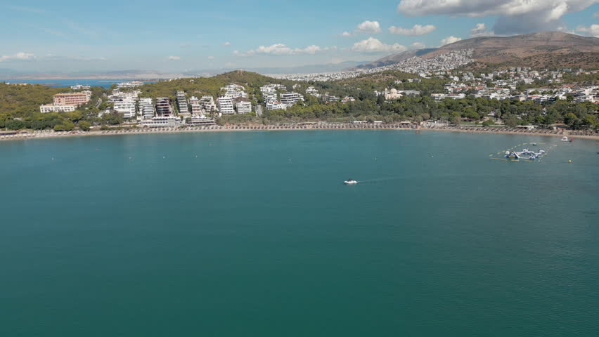 Drone Rise Over Vouliagmeni Beach Near Athens Greece 4K 60FPS