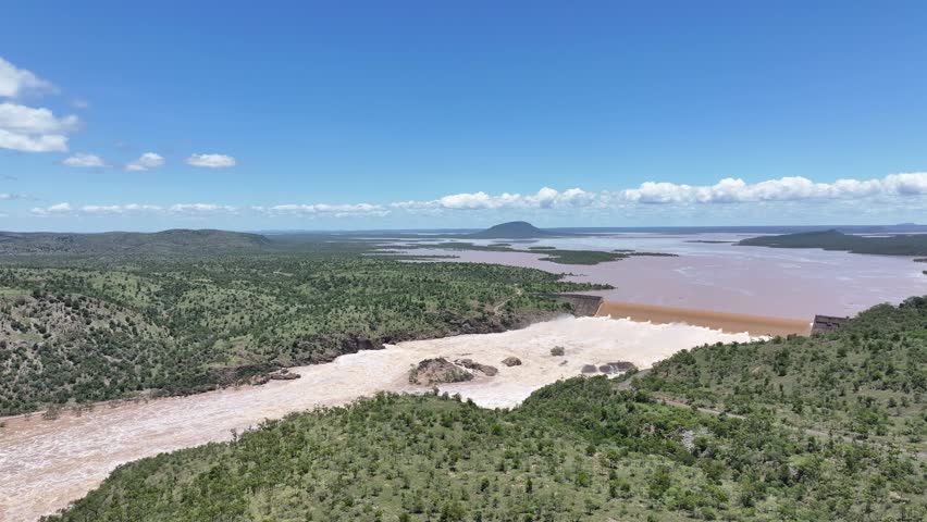 Spectacular Aerial footage of Burdekin Dam Queensland Australia in flood