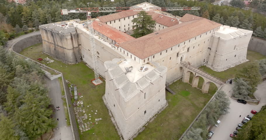 Aerial view of the Spanish Fort in the historic center of L'Aquila, Abruzzo, central Italy. The Spanish Fort is a medieval and quadrangular castle.
