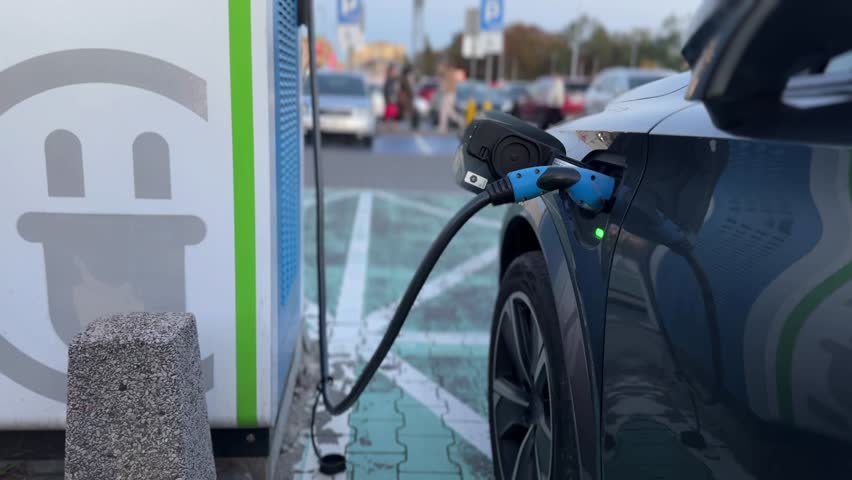Electric vehicle plugged into charging station, representing clean urban transportation infrastructure and sustainable mobility innovation. concept of charging electric car
