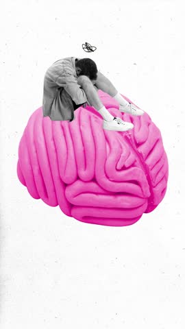 Animated clip. Stop motion. Man sits on pink brain, overwhelmed, representing exhaustion or mental strain in healthcare context with creative text. Concept of inflammation, neurology, health diseases.