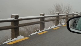A snowy landscape with a roadside barrier, showing the accumulation of snow on the guardrail. The scene is misty and overcast, and the view is captured from inside a car. - Powered by Shutterstock - Get 15% off with code: PIKWIZARD15