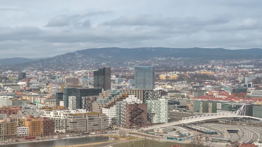 Oslo Norway time lapse high angle view city skyline at business district and Barcode Project