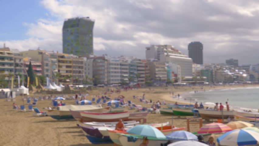 Bokeh View of Las Palmas Beach on Gran Canaria Island in Spain in 4k slow motion 60fps
