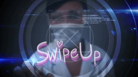 Swipe Up text animation over person wearing mask with digital interface elements. Technology, innovation, user interface, virtual, futuristic - Powered by Shutterstock - Get 15% off with code: PIKWIZARD15