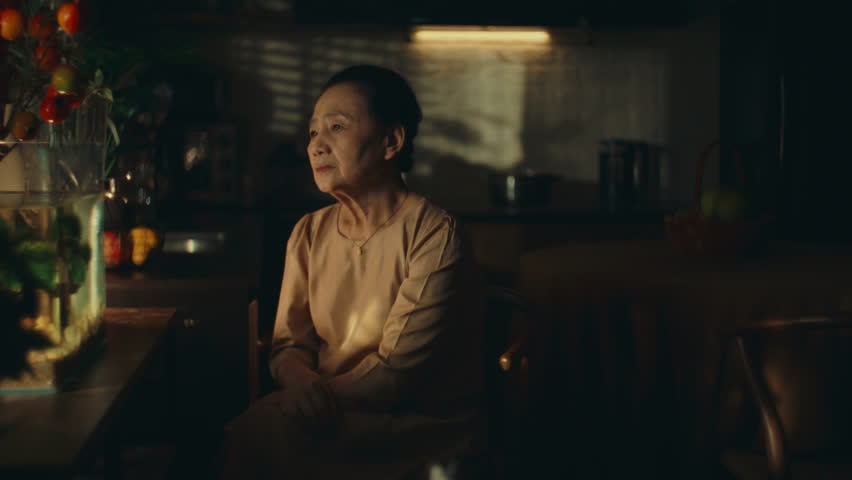 Elderly woman in warm light, lost in thought, reflecting on past memories and life