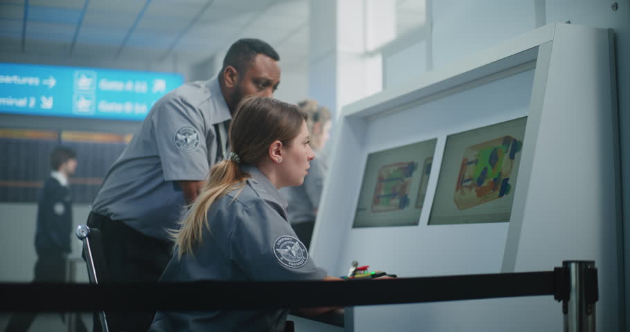 Airport Security Checkpoint: Two Multiethnic Security Officers Monitoring Baggage Screening Procedure on Computer Screens Using Modern Software. Advanced X-ray Scanning Technology in Metal Detector.