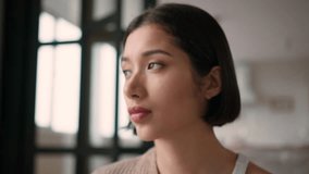 Close up hispanic woman latino girl Caucasian homeowner beautiful lady pensive thoughtful female girlfriend headshot at home face expression confused sad shrug shoulders doubt confusion alone think - Powered by Shutterstock - Get 15% off with code: PIKWIZARD15