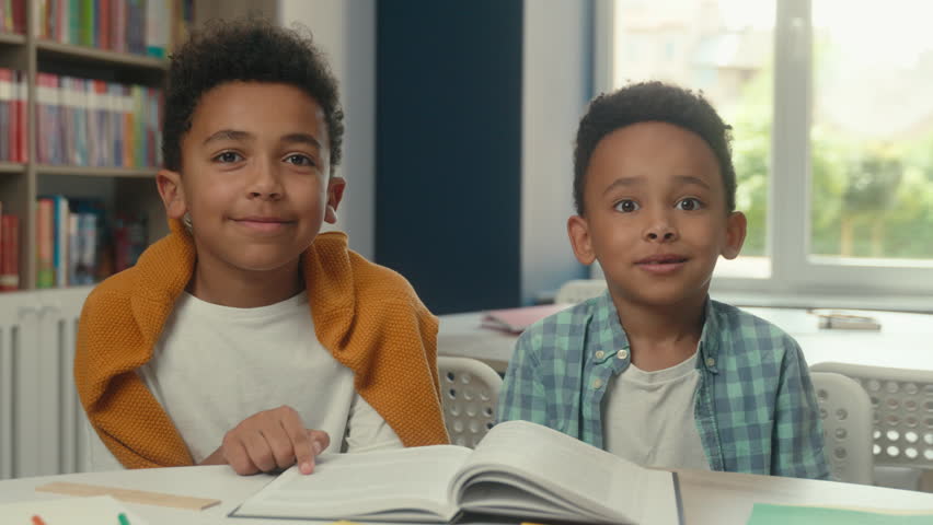 African American little boys siblings pupils schoolboys children kids students studying at desk school primary education reading book in library prepare lesson looking at camera smiling cute faces - Powered by Shutterstock - Get 15% off with code: PIKWIZARD15