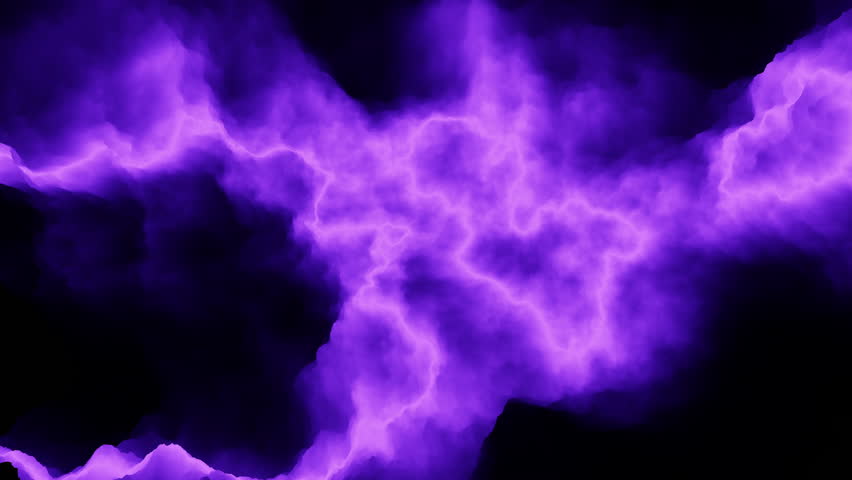 A vivid purple lightning bolt streaks across dark clouds in the sky, illuminating with a dazzling light. It travels from left to right, captivating with its electrifying power