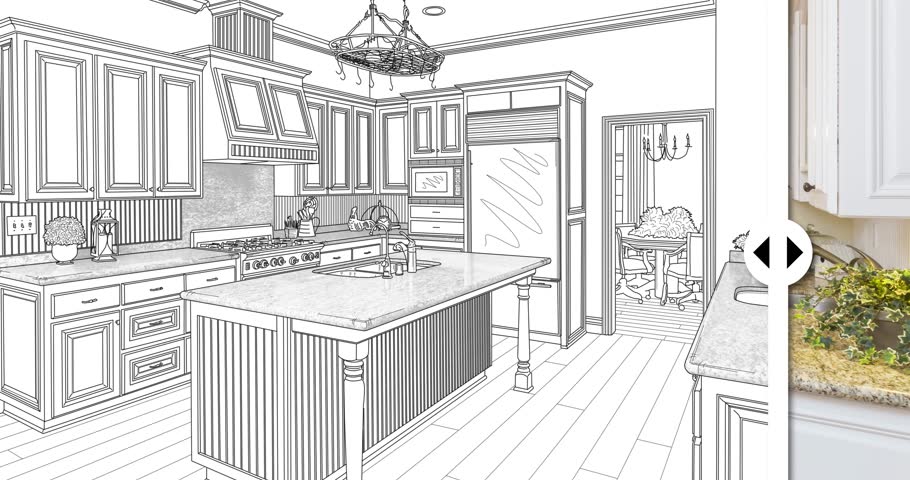 Female Hand Swiping A Before and After Comparison Bar of A Kitchen Drawing to Finished Remodel.