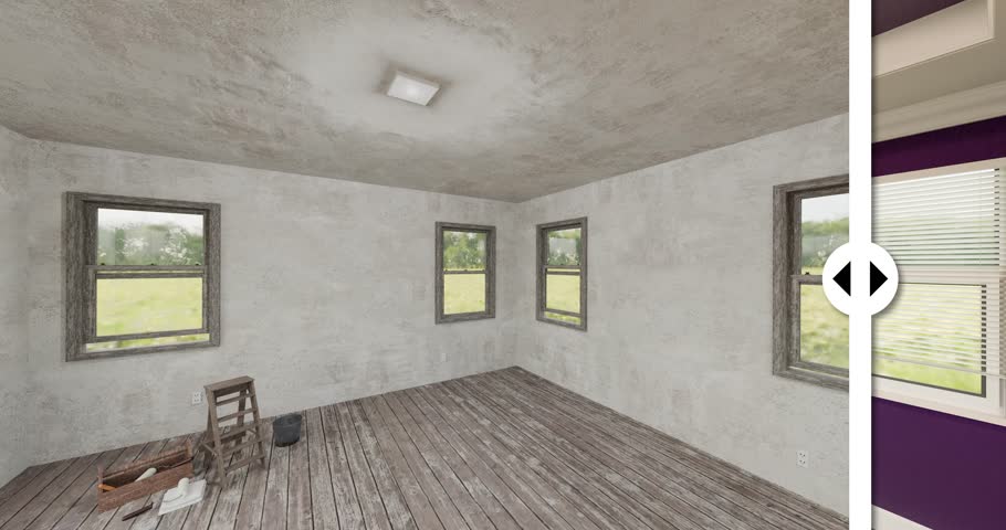 Female Hand Swiping A Before and After Comparison Bar of An Unfinished Room to a Coffered Ceiling Plum Painted Remodel.